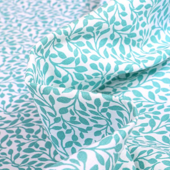 Tissu Coton imprimé Bio Liseo emeraude sur fond Blanc - Par 10 cm