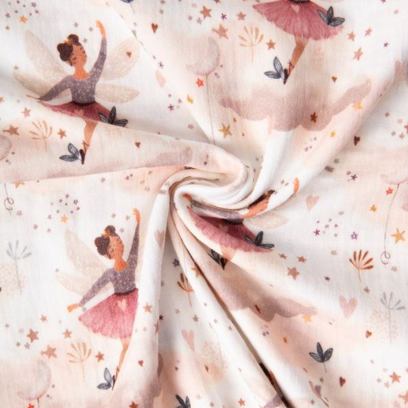 Tissu Double gaze de Coton digital Fées Ludmi sur fond Rose pâle - Par 10 cm