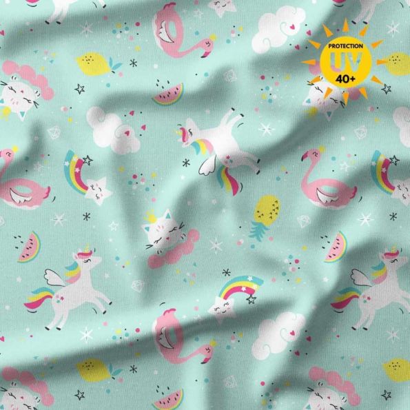 Tissu Lycra maillot de bain anti UV Maginia sur fond Vert menthe - Par 10 cm