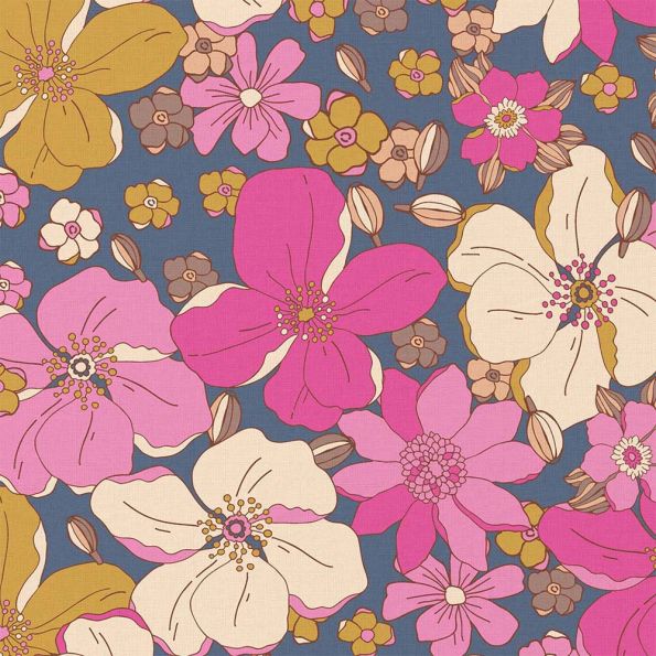 Tissu Coton imprimé Arty Mamish fleuris rose sur fond Bleu denim - Par 10 cm