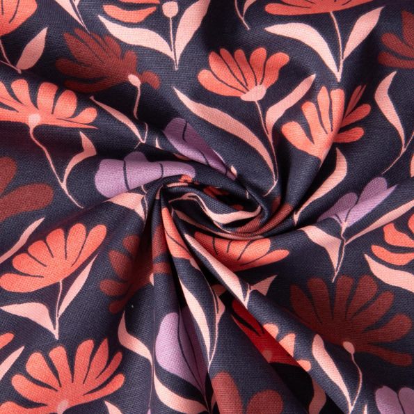 Tissu Toile de Coton Demi Natté Fleuris Marjo sur fond Bleu marine - Par 10 cm