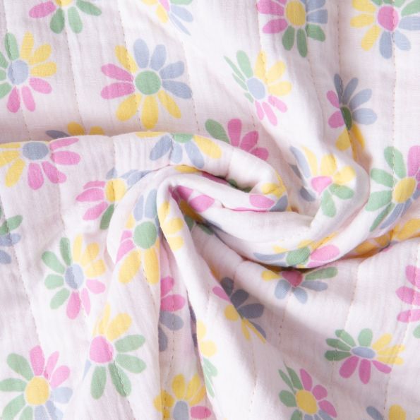 Tissu Double gaze de Coton Matelassé réversible Fleuris Melba sur fond Blanc - Par 10 cm