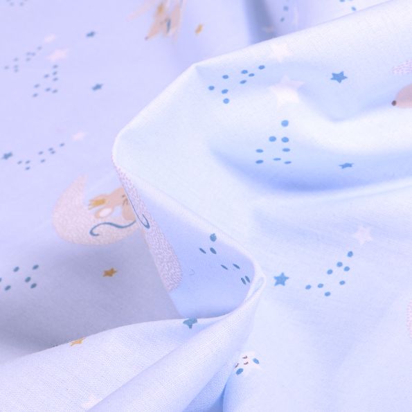 Tissu Coton imprimé Bio Meva sur fond Bleu ciel - Par 10 cm