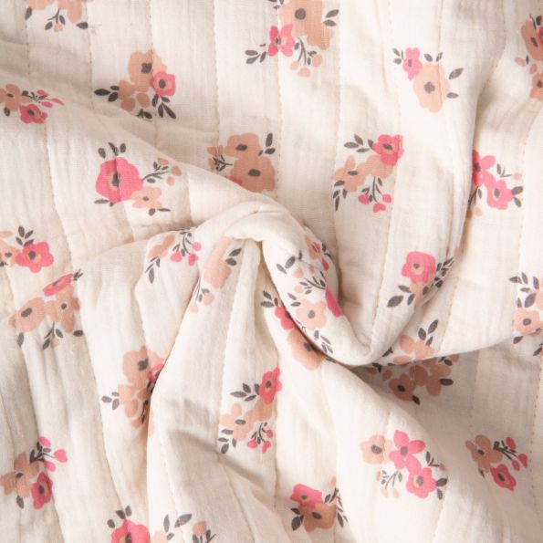 Tissu Double gaze de Coton Matelassé réversible Fleuris Molisa sur fond Ecru - Par 10 cm