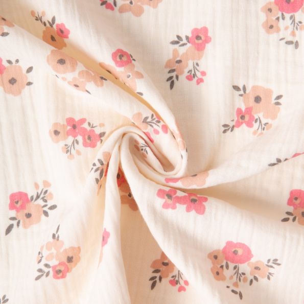 Tissu Double gaze de Coton Fleuris Molisa sur fond Ecru - Par 10 cm