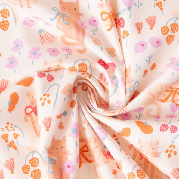 Tissu Coton imprimé Arty Chatons fleuris sur fond Pêche - Par 10 cm