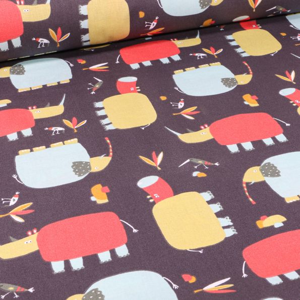 Tissu Coton imprimé LittleBird Rhinocéros et éléphants sur fond Gris foncé - Par 10 cm