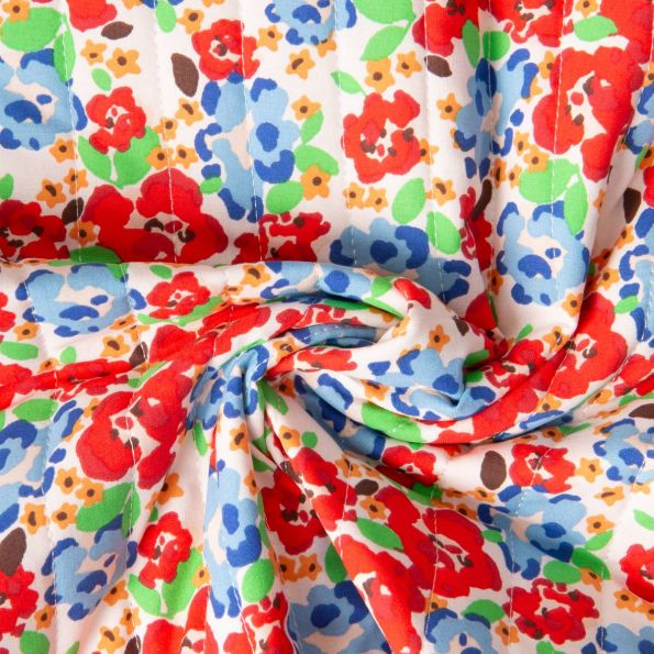 Tissu Coton Matelassé réversible fleurs Rouge et rayures Jaune sur fond Blanc - Par 10 cm