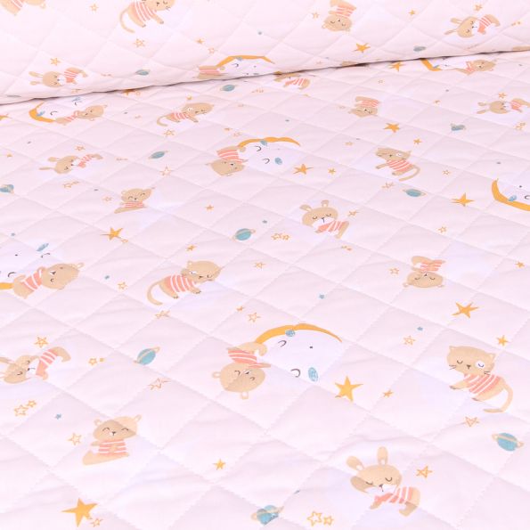 Tissu Matelassé Oursons et lunes sur fond Blanc - Par 10 cm