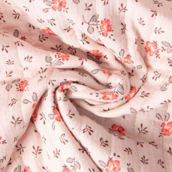 Tissu Double gaze de Coton Matelassé réversible Fleuris Olymp sur fond Pêche - Par 10 cm