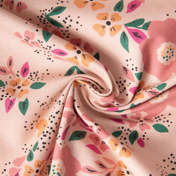 Tissu Toile de Coton Demi Natté Fleuris Oscal sur fond Rose clair - Par 10 cm