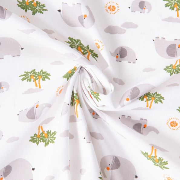 Tissu Coton imprimé Arty Eléphants Pachy sur fond Blanc - Par 10 cm