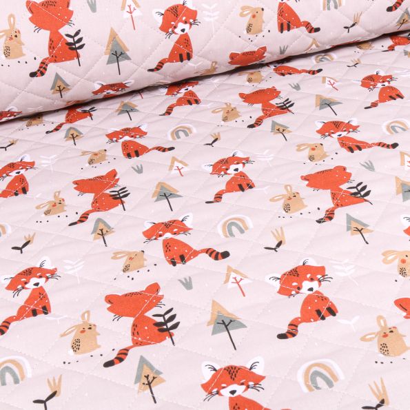 Tissu Matelassé Renard et lapins sur fond Beige - Par 10 cm
