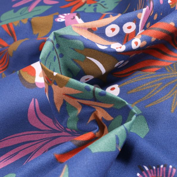 Tissu Coton imprimé Arty Papagaios sur fond Bleu roi - Par 10 cm