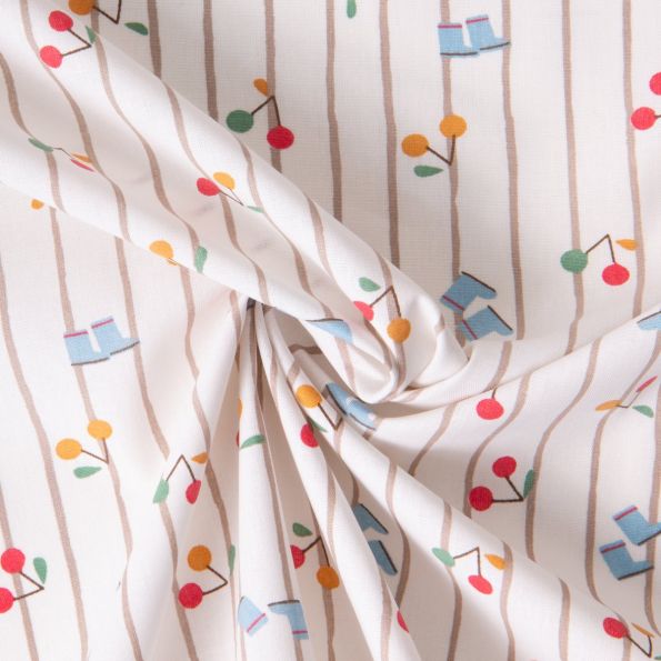 Tissu Coton imprimé Arty Cerises et rayures sur fond Blanc cassé - Par 10 cm