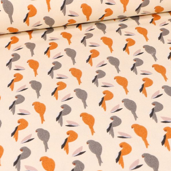 Tissu Toile de Coton Perko orange sur fond Blanc cassé - Par 10 cm