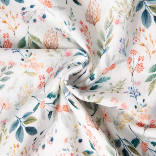 Tissu Double gaze de Coton digital Fleuris Philae sur fond Blanc - Par 10 cm