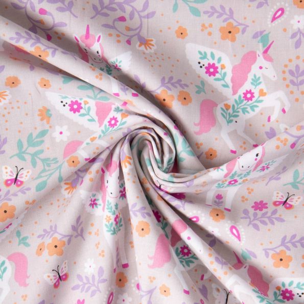Tissu Coton imprimé Arty Licorne Polly sur fond Gris - Par 10 cm
