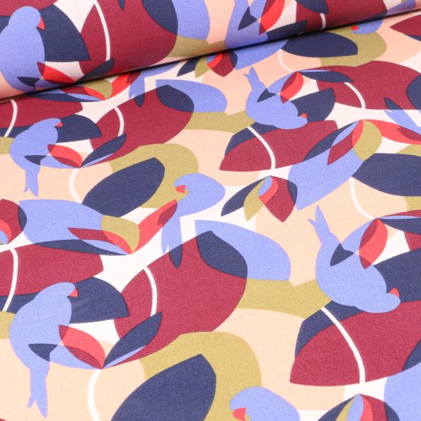 Tissu Toile de Coton Psitta violet sur fond Beige - Par 10 cm