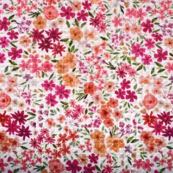 Tissu Nid d'abeille fleurs Romane Rose sur fond Blanc - Par 10 cm