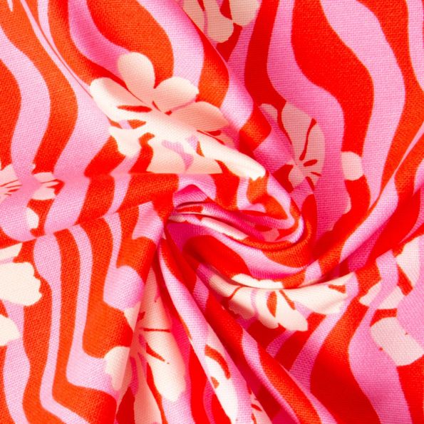 Tissu Toile de Coton Demi Natté Rozan sur fond Rouge - Par 10 cm