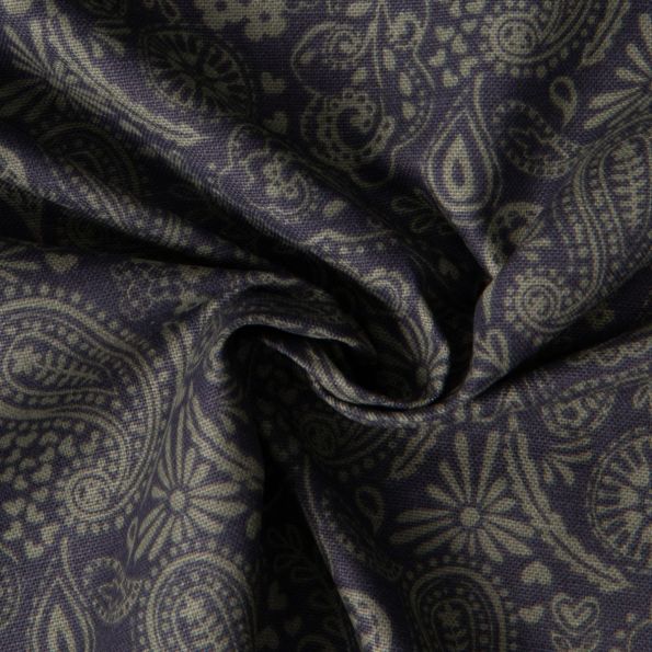 Tissu Toile de Coton Demi Natté Cachemire vert sur fond Bleu marine - Par 10 cm