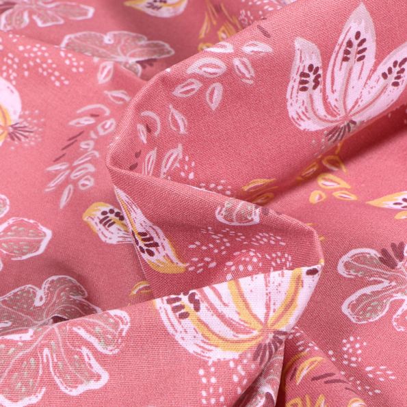 Tissu Coton imprimé Sala sur fond Rose - Par Coupon de 3m