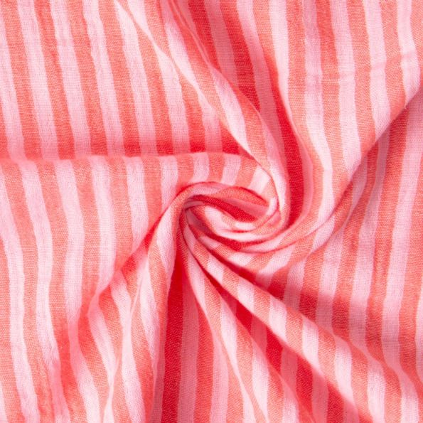 Tissu Double gaze de Coton Réversible rayé Rose - Par 10 cm
