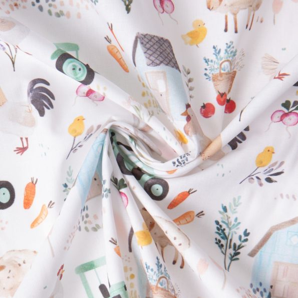 Tissu Coton imprimé digital La ferme Tracteur sur fond Blanc - Par 10 cm