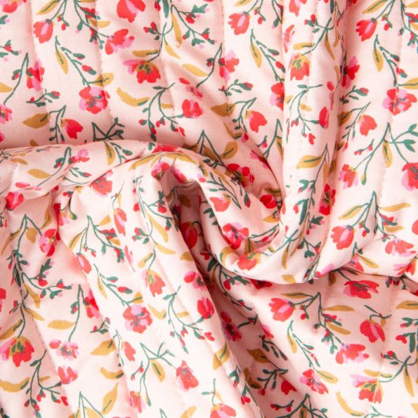 Tissu Coton Matelassé réversible Vanda fleurs et rayures Rose et Rouge sur fond Rose - Par 10 cm