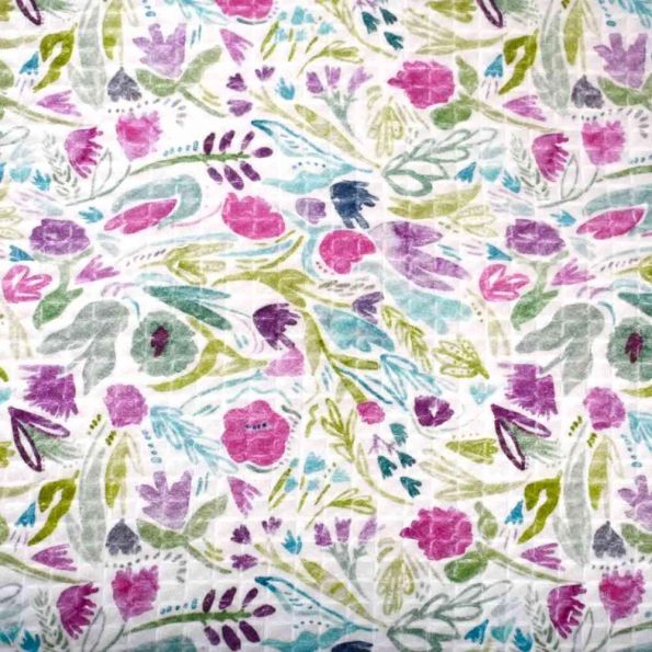 Tissu Nid d'abeille floral Aquarellys sur fond Blanc - Par 10 cm