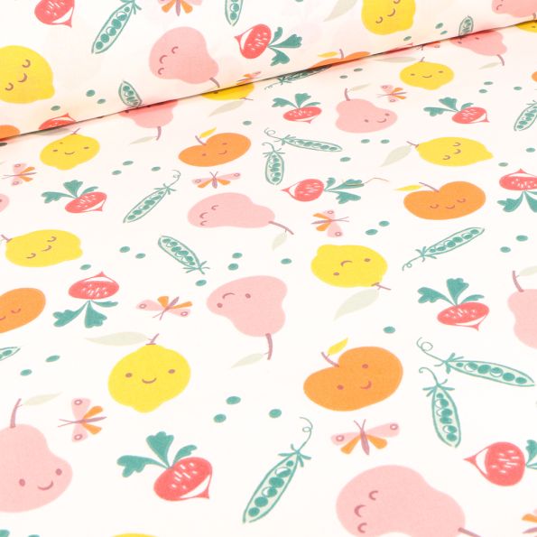 Tissu Coton imprimé Veggy Fruits sur fond Blanc - Par 10 cm