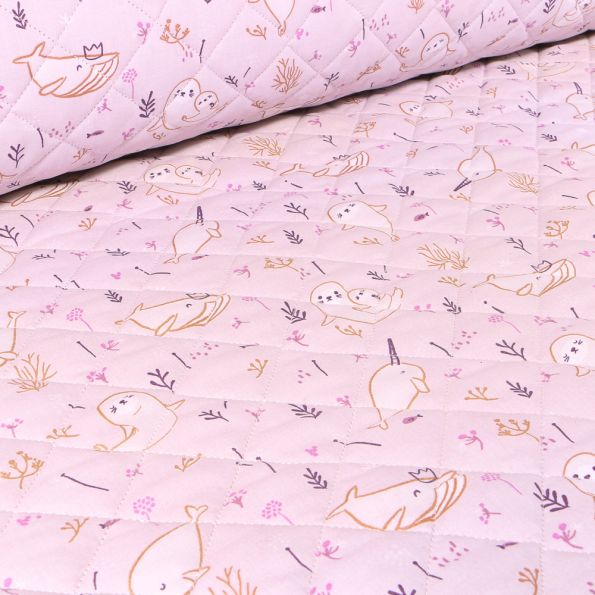 Tissu Matelassé Baleines et otaries sur fond Rose pâle - Par 10 cm