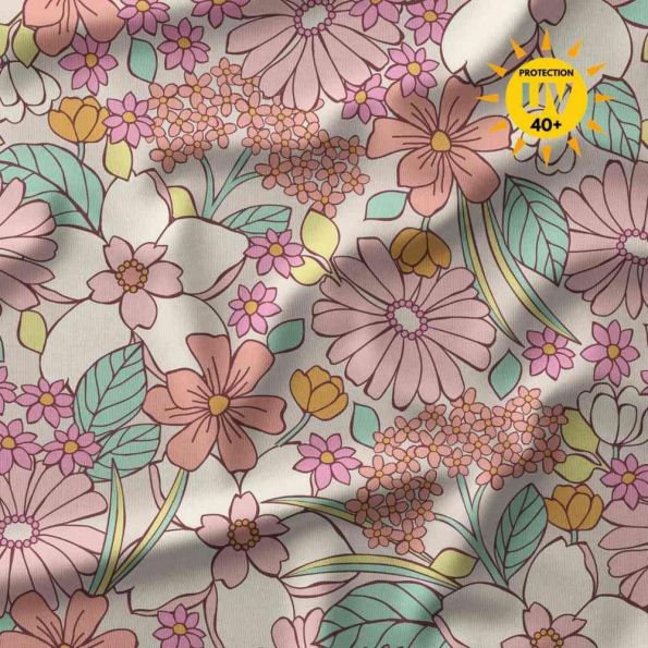 Tissu Lycra maillot de bain anti UV fleurs Willow sur fond Beige - Par 10 cm