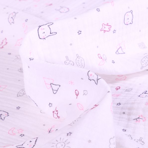 Tissu Double gaze Zami rose sur fond Blanc - Par 10 cm