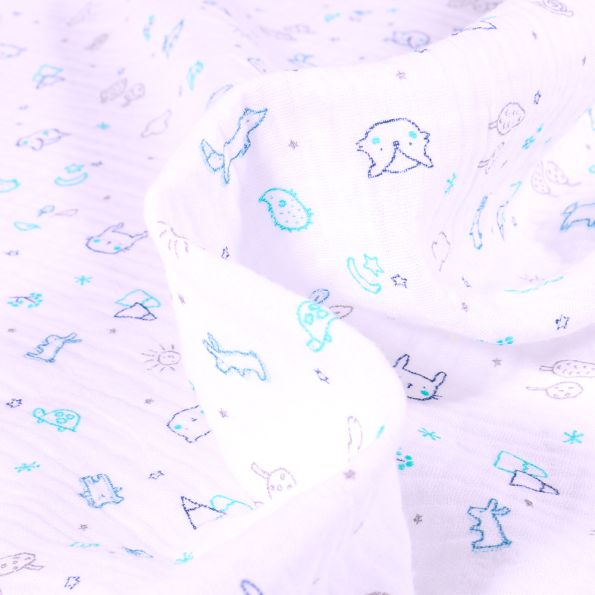 Tissu Double gaze Zami bleu sur fond Blanc - Par 10 cm