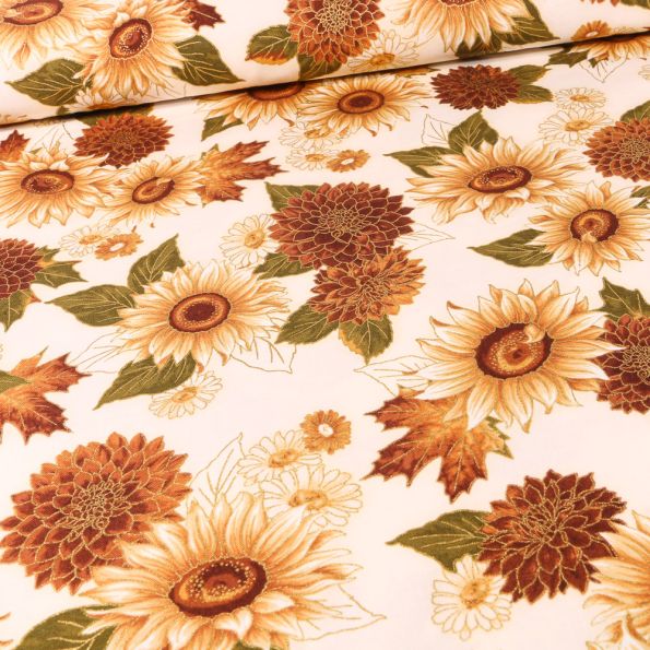 Tissu Robert Kaufman Autumn Bouquet Tournesol sur fond Beige - Par 10 cm