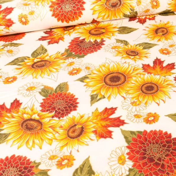 Tissu Robert Kaufman Autumn Sunflower sur fond Blanc cassé - Par 10 cm