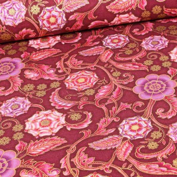 Tissu Robert Kaufman Persis Claret Arabesque sur fond Rouge - Par 10 cm