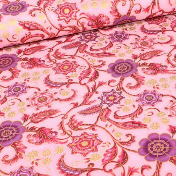 Tissu Robert Kaufman Persis Blossom Arabesque sur fond Rose pâle - Par 10 cm