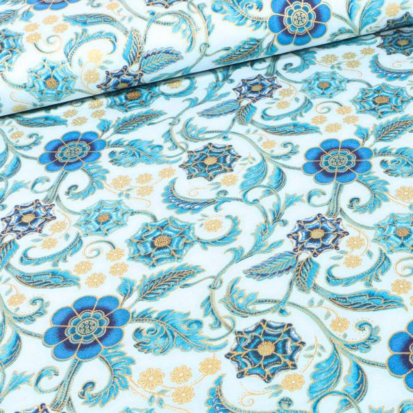 Tissu Robert Kaufman Persis Blue Arabesque sur fond Bleu ciel - Par 10 cm