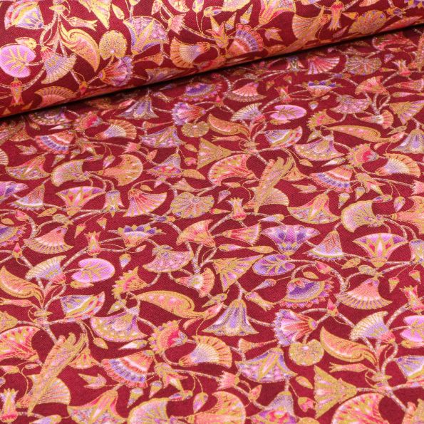 Tissu Robert Kaufman Persis Claret Végétal sur fond Bordeaux - Par 10 cm