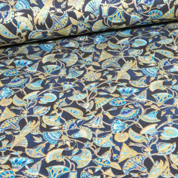 Tissu Robert Kaufman Persis Teal Blue végétal sur fond Bleu - Par 10 cm