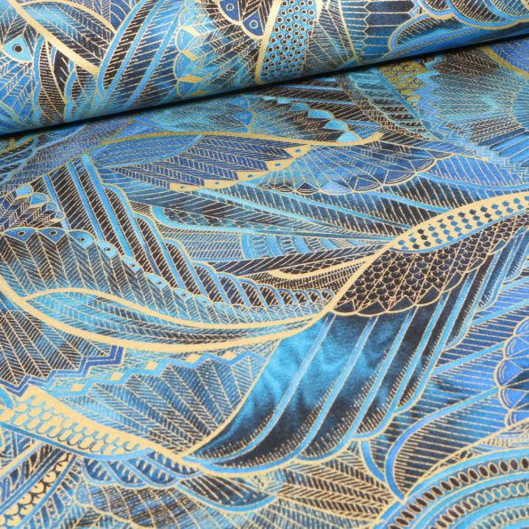 Tissu Robert Kaufman Persis Peacock ailes sur fond Bleu - Par 10 cm