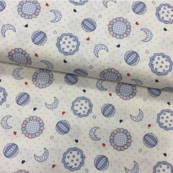 Tissu Popeline imprimée Blanc Lunes et ballons Bleues - Par 10 cm