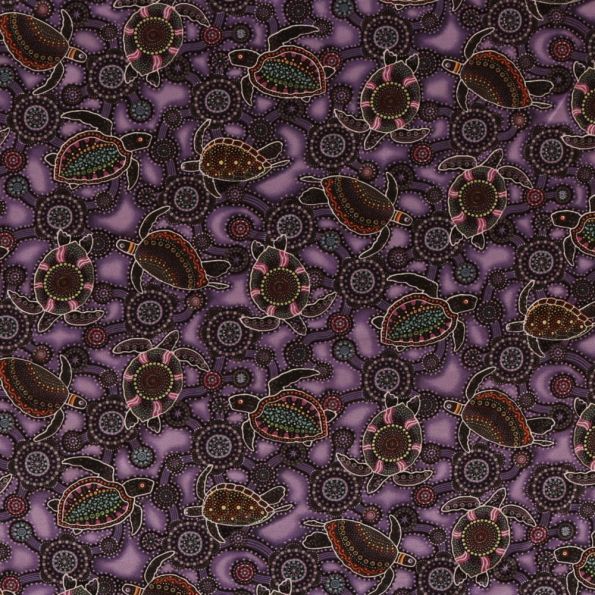 Tissu Coton Imprimé Lisa Studio Tortues Aborigènes Violettes - Par 10 cm