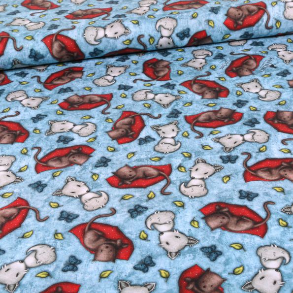 Tissu Coton imprimé Santoro London cat sur fond Bleu - Par 10 cm