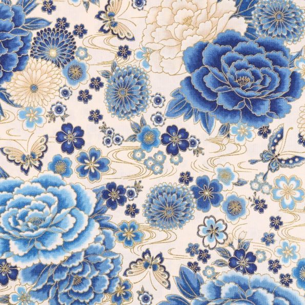 Tissu Ancien En Coton - Motif Fleurs Bleu Pâle - Parfait Pour Créations Vintage