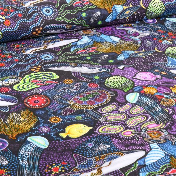 Tissu Batik  Aquaj sur fond Violet - Par 10 cm