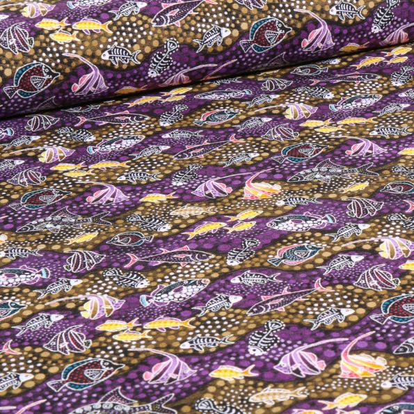 Tissu Batik Nautij sur fond Violet - Par 10 cm